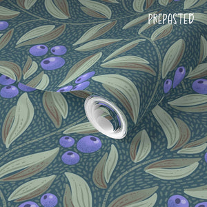 Winding blueberries and leaves on a dark teal background PrePasted wallpaper is water activated for easy install and for rooms with high moisture