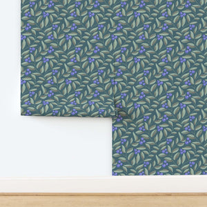 Winding blueberries and leaves on a dark teal background roll size