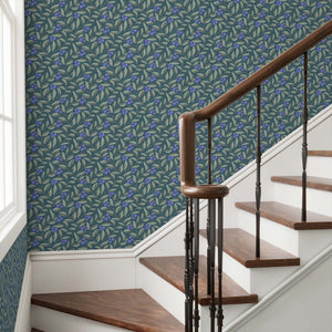 Winding blueberries and leaves on a dark teal background. A great pattern for a high traffic area.