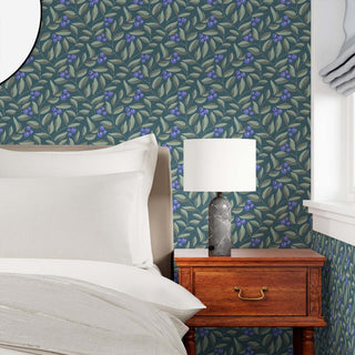 Winding blueberries and leaves on a dark teal background. An elegant yet inviting pattern for a bedroom.