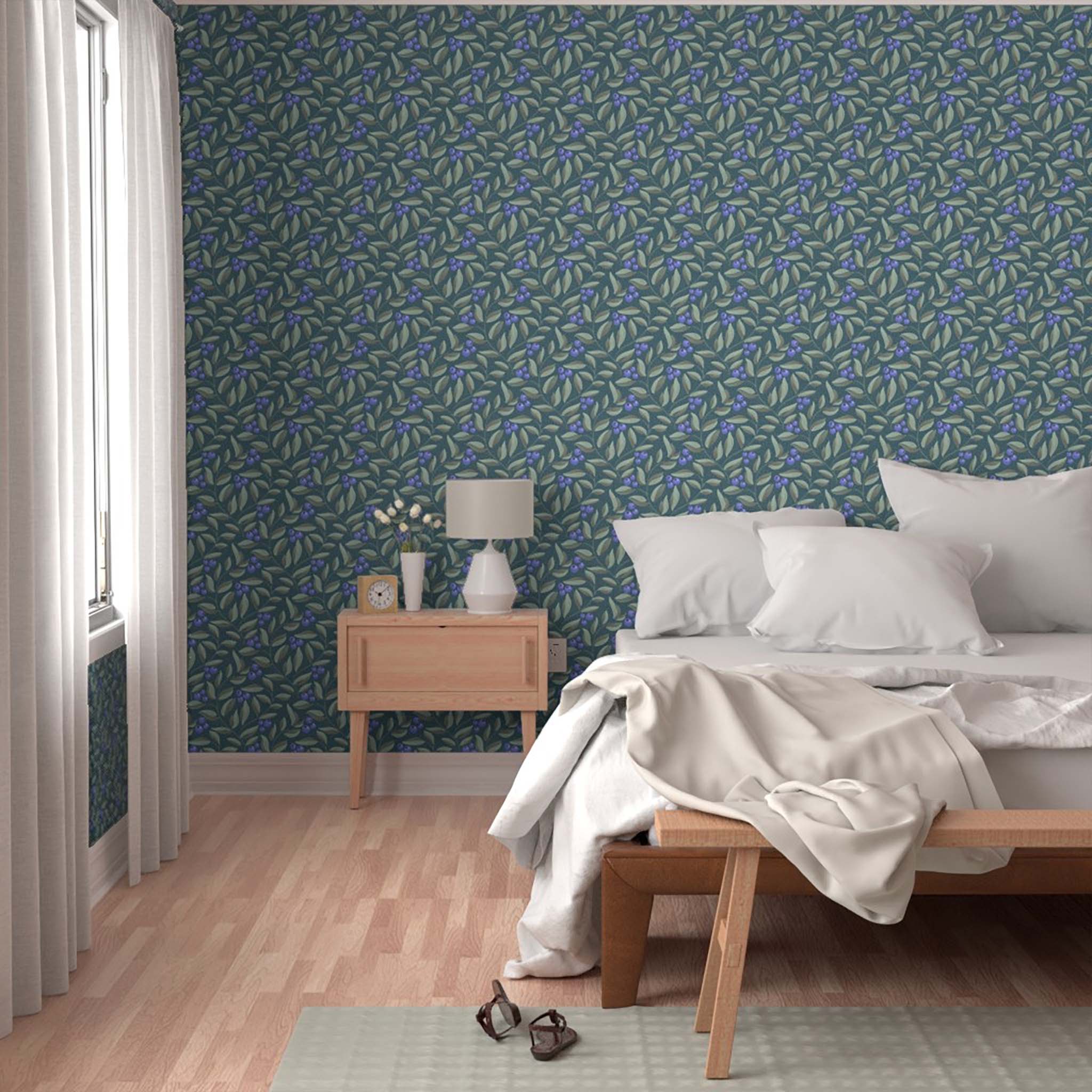 Winding blueberries and leaves on a dark teal background. An elegant yet inviting pattern for a bedroom with a large wall