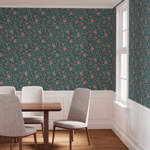 Woodcut Pomegranate fruit and leaves on dark teal background in a dining room
