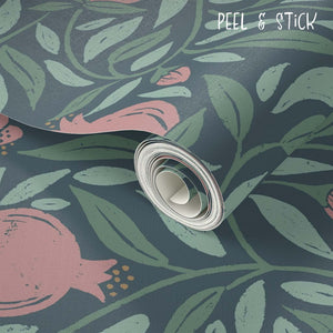Woodcut Pomegranate fruit and leaves on dark teal background comes in peel and stick wallpaper - removable.