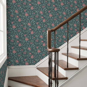Woodcut Pomegranate fruit and leaves on dark teal background pattern on a stairway