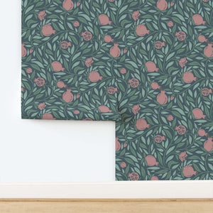 Woodcut Pomegranate fruit and leaves on dark teal background wallpaper pattern size