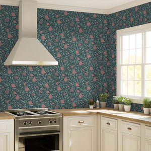 Woodcut Pomegranate fruit and leaves on dark teal background striking pattern in a kitchen