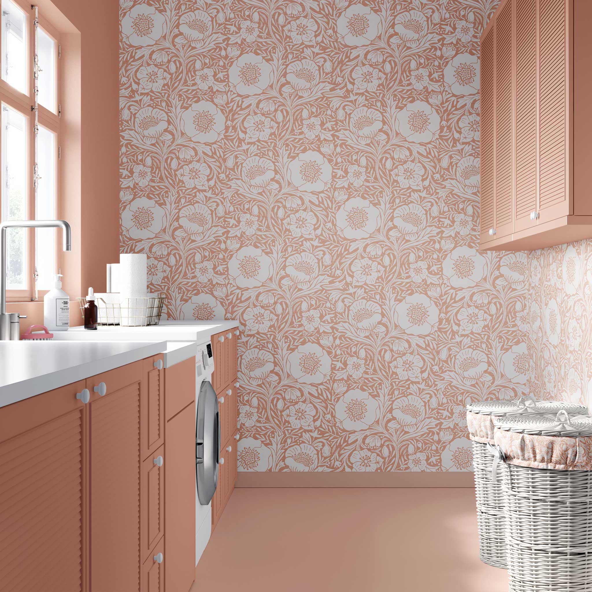 Peach Poppy Pattern Pre-Pasted Removable Wallpaper example on a full wall