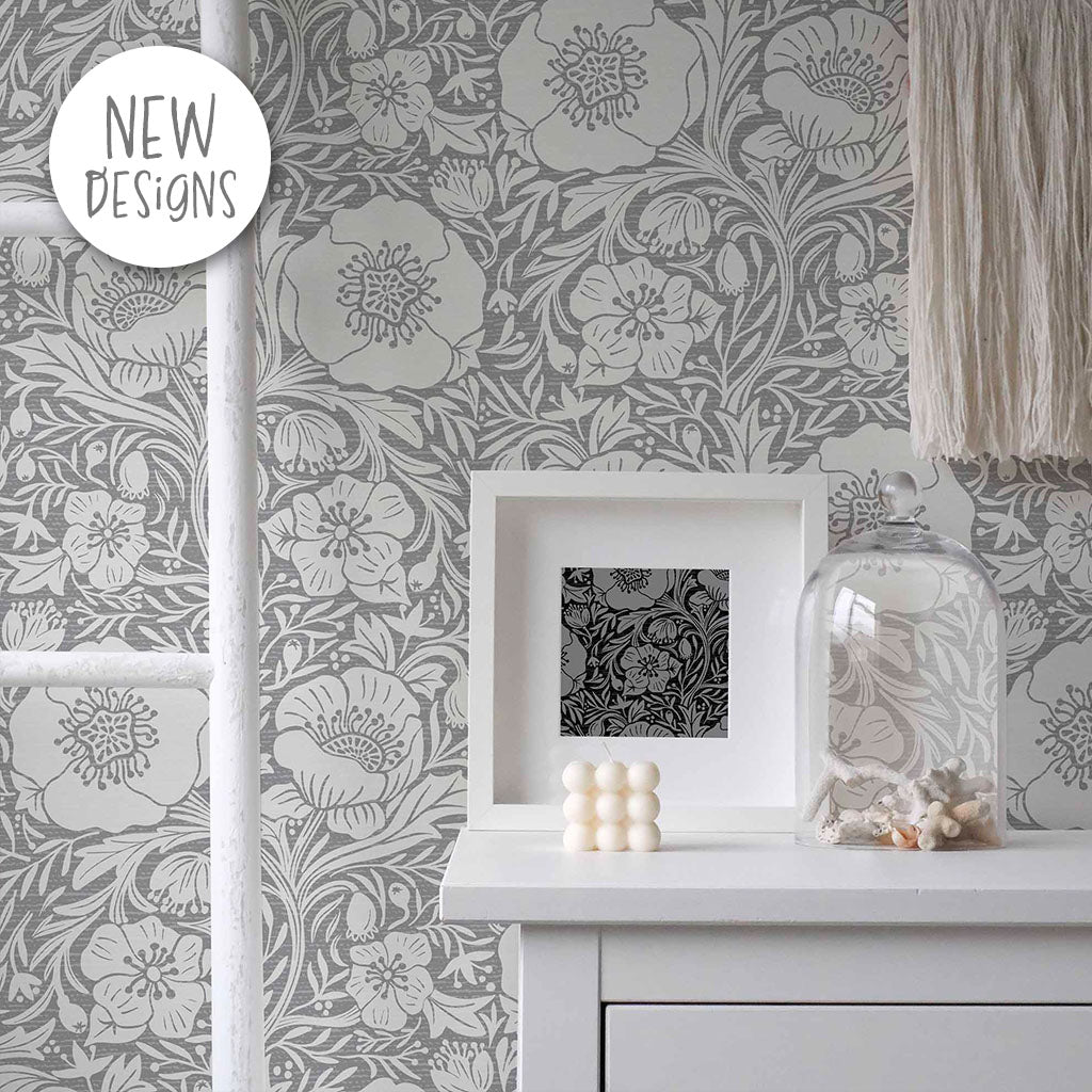 New! Gray Poppies Wallpaper in Peel & Stick or Pre-Pasted both are removable
