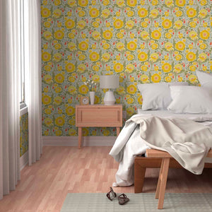 Scale of my Yellow Poppy Pattern Damask Style Pre-Pasted Removable Wallpaper on a large wall.