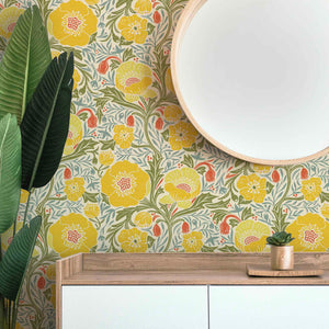 Yellow Poppy Pattern Peel & Stick or Pre-Pasted Removable Wallpaper.