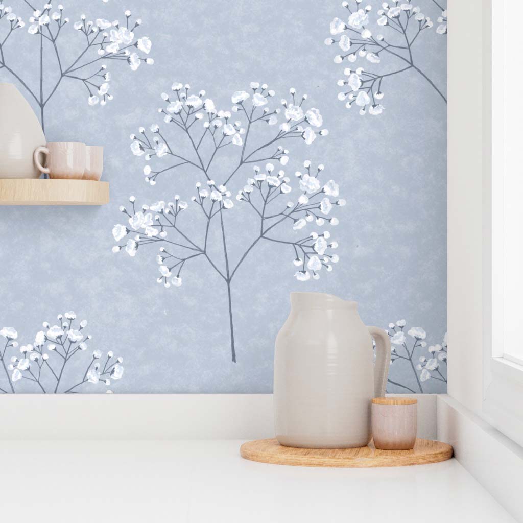 Sweet Baby's Breath on a Watercolor Texture Peel & Stick and Pre-Pasted Wallpaper - XL Size - Blue Background