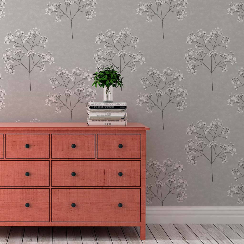 Sweet Baby's Breath on a Watercolor Texture Peel & Stick and Pre-Pasted Wallpaper - XL Size - Gray Background