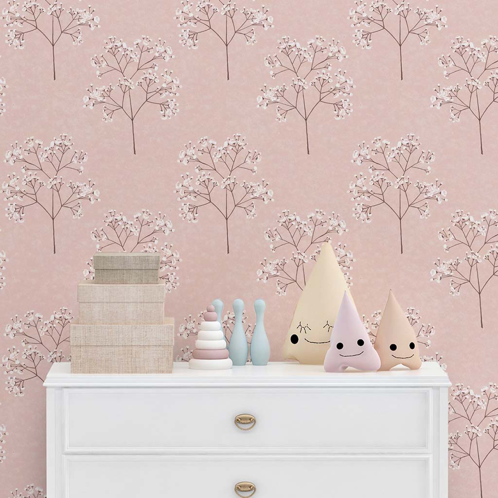Sweet Baby's Breath on a Watercolor Texture Peel & Stick and Pre-Pasted Wallpaper - XL Size - Pink Background