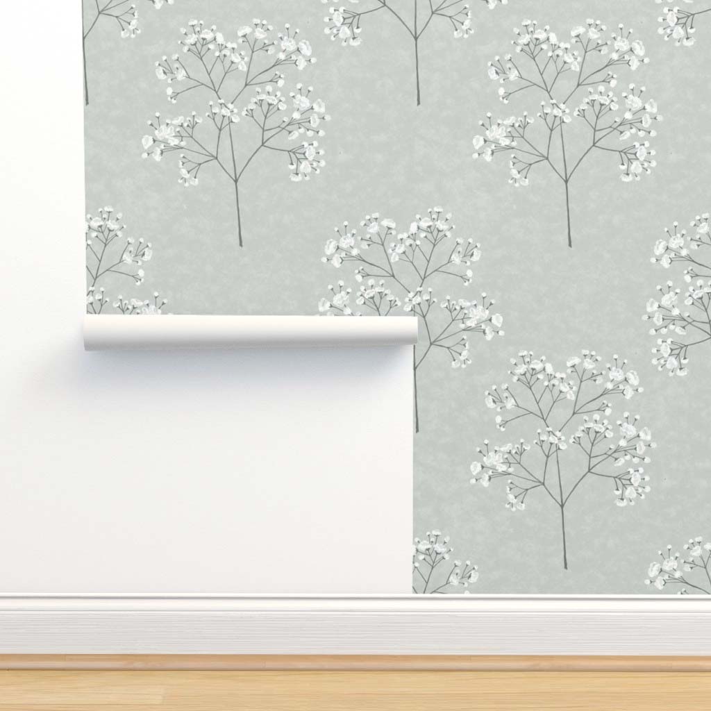 Sweet Baby's Breath on a Watercolor Texture Peel & Stick and Pre-Pasted Wallpaper - XL Size - Sage Background Roll Size