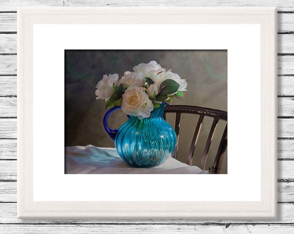 Blue Vase and White Roses Print