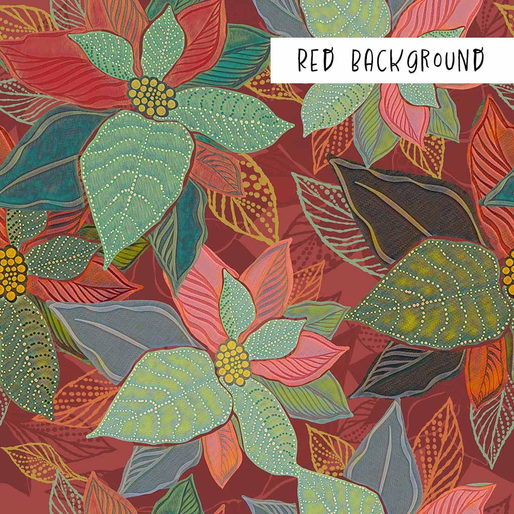 Floral Leaves and Buds Red Background Swatch