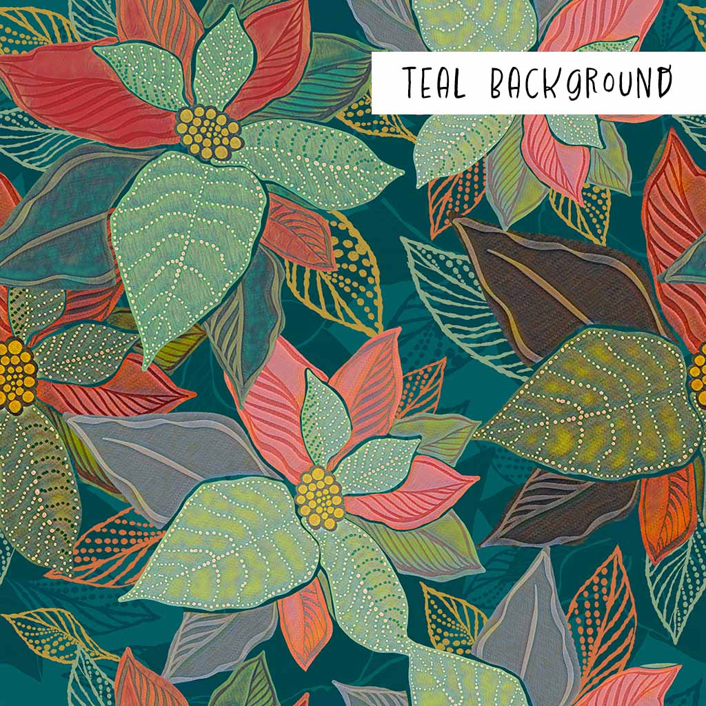 Floral Leaves and Buds Teal Background Swatch