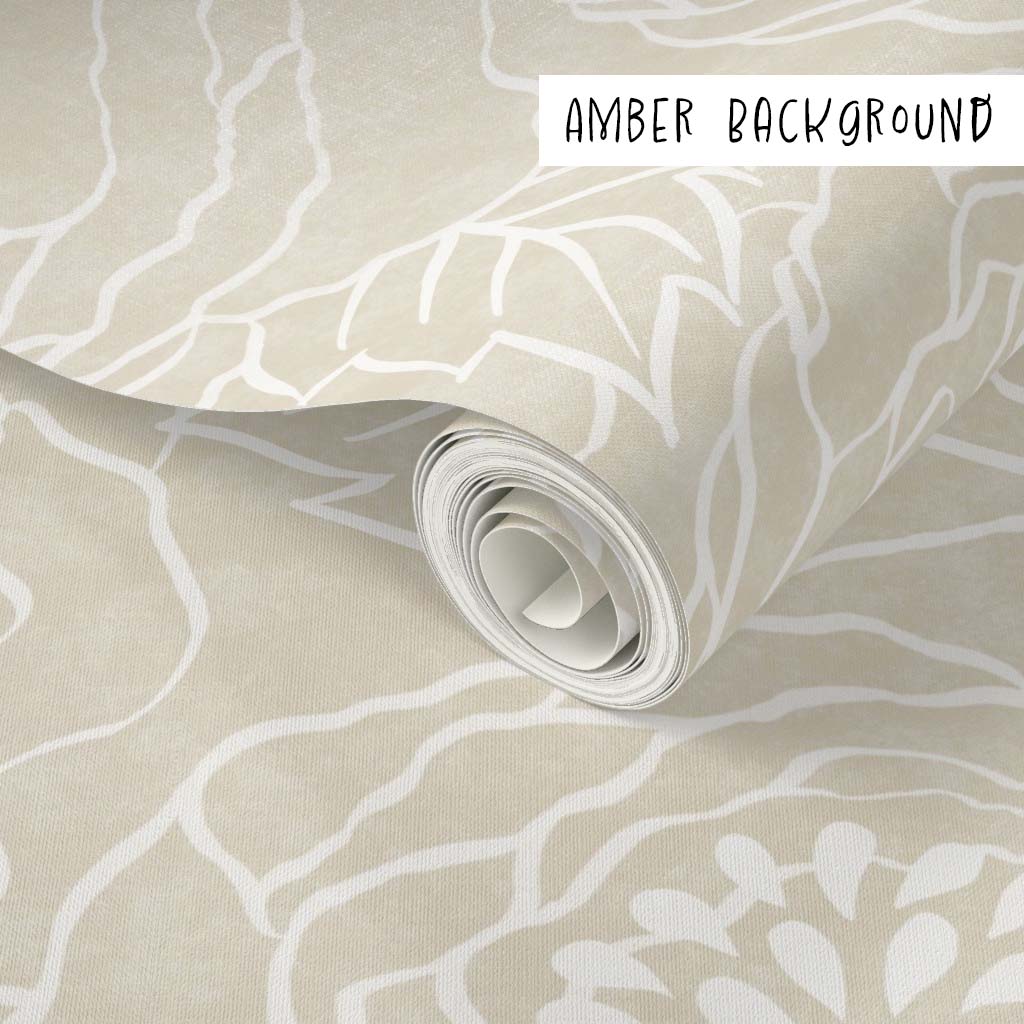 Hand-Drawn Peonies Line Art Peel & Stick and Pre-Pasted Wallpaper - Amber Background