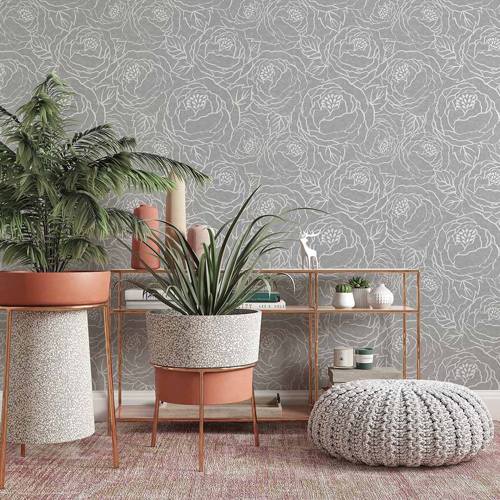 Hand-Drawn Peonies Line Art Peel & Stick and Pre-Pasted Wallpaper - XL Size - Gray Background