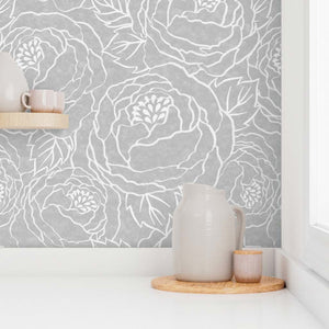 Hand-Drawn Peonies Line Art Peel & Stick and Pre-Pasted Wallpaper - Gray Background