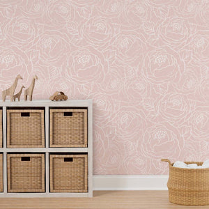 Hand-Drawn Peonies Line Art Peel & Stick and Pre-Pasted Wallpaper - Pink Background