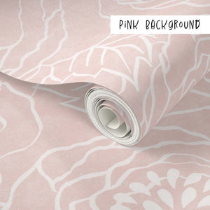 Hand-Drawn Peonies Line Art Peel & Stick and Pre-Pasted Wallpaper - Pink Background