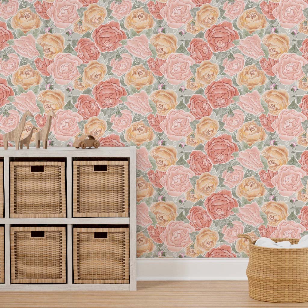 Bountiful Peony Watercolor Peel & Stick and Pre-Pasted Wallpaper on Sage
