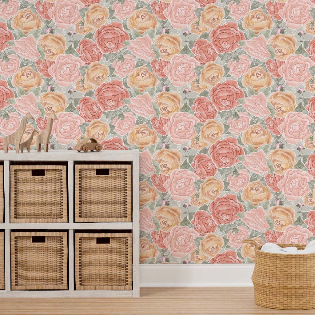 Bountiful Peony Watercolor Peel & Stick and Pre-Pasted Wallpaper on Sage