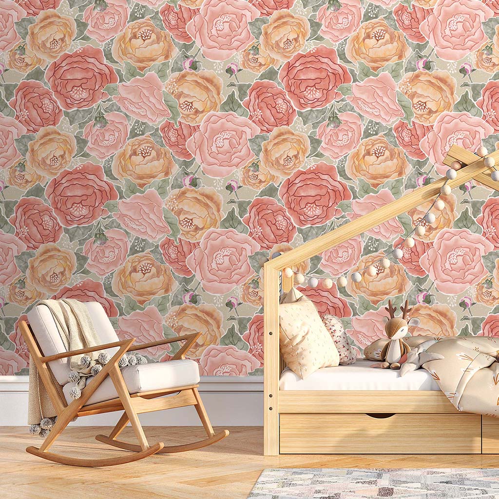 Bountiful Peony Watercolor Peel & Stick and Pre-Pasted Wallpaper on Sage